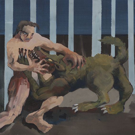 
Fjodor Krasnikow, Wolf und Mann, 2017, Öl auf recycelter Holzplatte,30 cm x 30 cm
