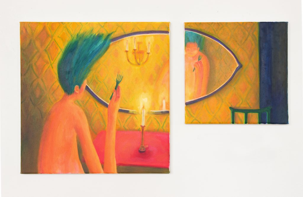 
Hannah Jeong, Two Forks on the Mirror, 2022, Öl auf Leinwand, 45 x 45, 30 x 30 cm
