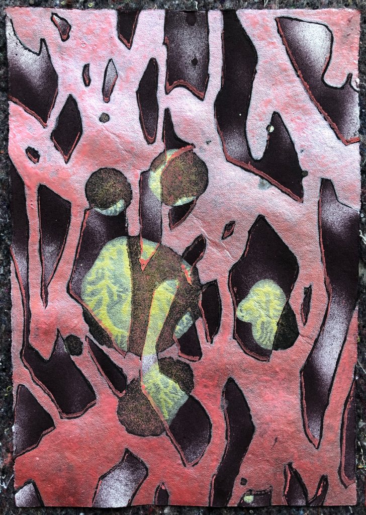 
Marvin Hoffmann, Ohne Titel, 2022, Sprühfarbe, Décalcomanie, Autolack und Holzschnitt auf Hadernpapier, ca. 21 x 30 cm
