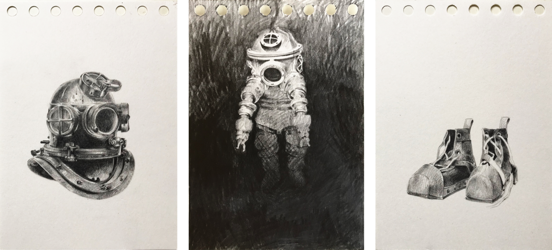 Dorina Csiszár, Szkafander, 2020, Bleistift auf Papier, je 10,5 x 14,7 cm